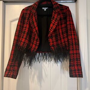 Antonio Melani Chloe red tweed blazer jacket with feather detail